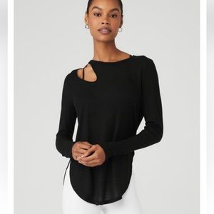 ALO YOGA Ribbed Peak Long Sleeve Top Shirt M Med Medium Black